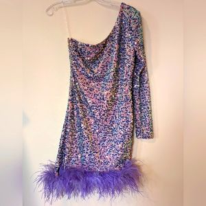 SHOP17, one shoulder, sequins, feather hem dress, size Large, mini, long sleeve